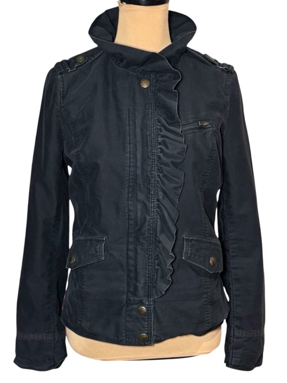 Vintage Y2K Juicy Couture Black Military Ruffle Jacket Cotton Utility Blazer S